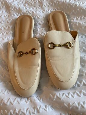 Cream Leather Backless Loafer Mules with Gold Bit Detail
